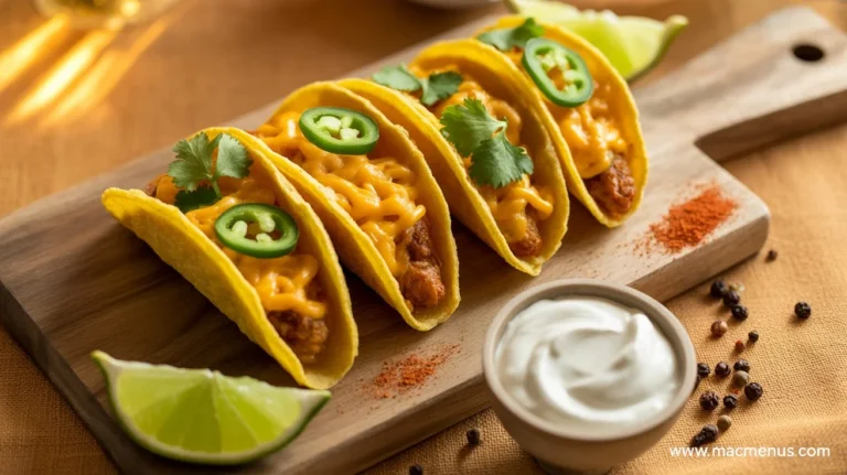 Potato Tacos Recipe on a wooden board garnished with cilantro, jalapeño, and lime wedges.