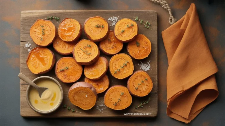 Overhead view of roasted sweet potato rounds on a wooden board, garnished with thyme, sea salt, and honey drizzle