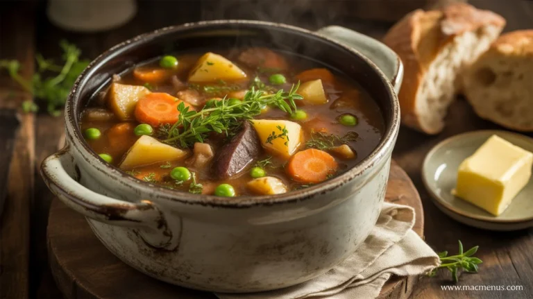 A rustic crock of thick Irish vegetarian stew with chunky potatoes, carrots, parsnips, and peas topped with fresh parsley.
