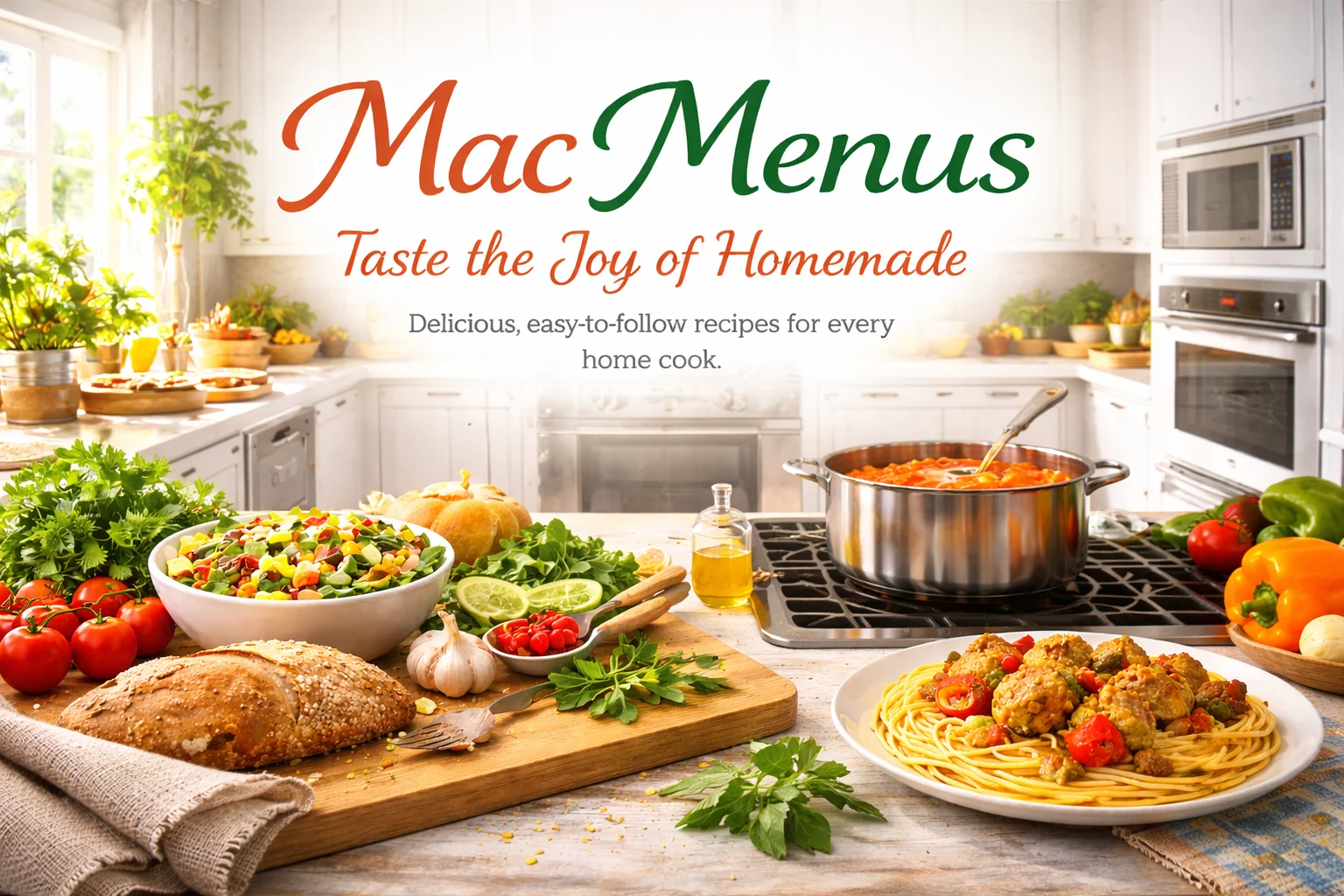 Professional modern kitchen with fresh ingredients on countertop including vegetables, bread, herbs, and spices. Plate of spaghetti with meatballs and a simmering pot of tomato sauce. Banner for MacMenus.com with tagline 'Taste the Joy of Homemade' and short description 'Delicious recipes made easy for every day.' Bright, vibrant, and realistic food photography.