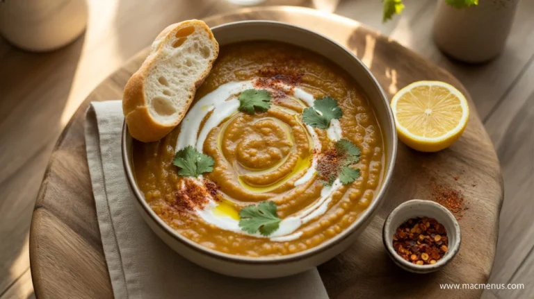 Creamy lentil soup in a ceramic bowl with a coconut cream swirl, cilantro, and crusty bread on the side.